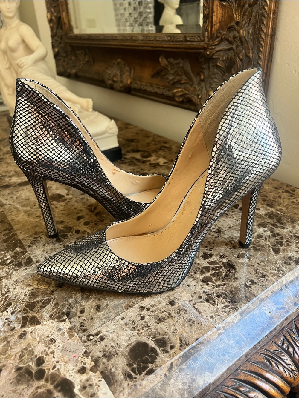 Jessica Simpson Metallic Silver Snakeskin Pointed-Toe Stilettos